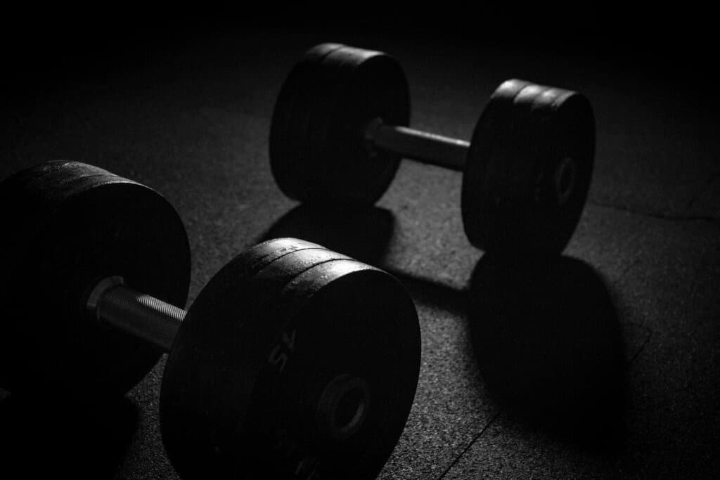 black and white photo of weights