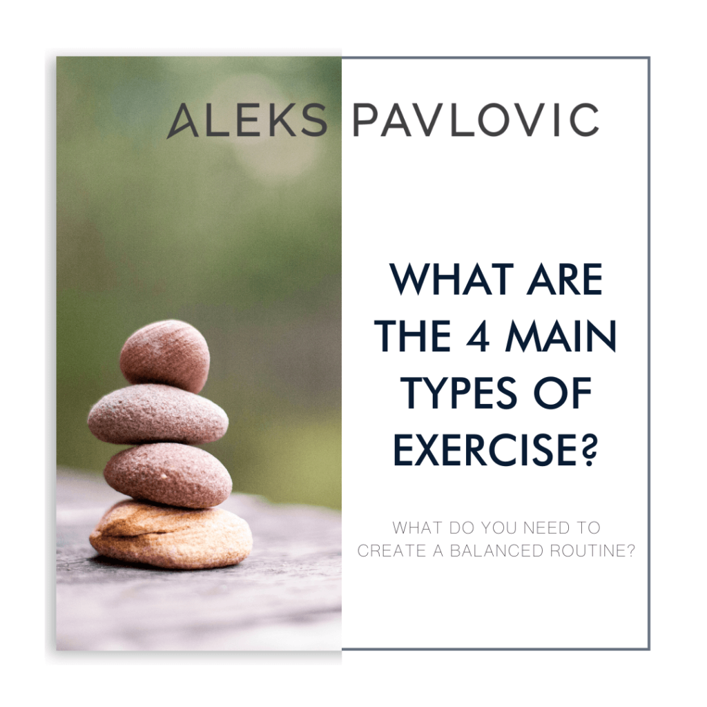 blog graphic with four stones balanced on one another and the title "What are the 4 main types of exercises?"