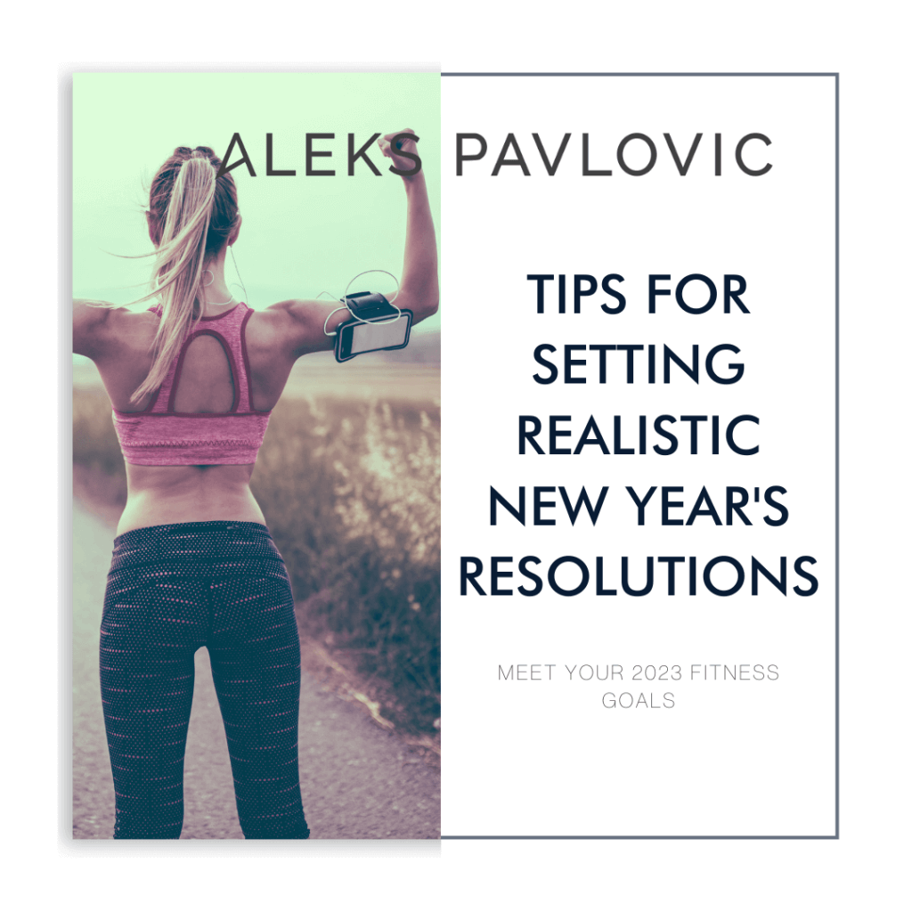 Blog graphic for Tips for Setting Realistic New Year's Resolutions with Woman Flexing