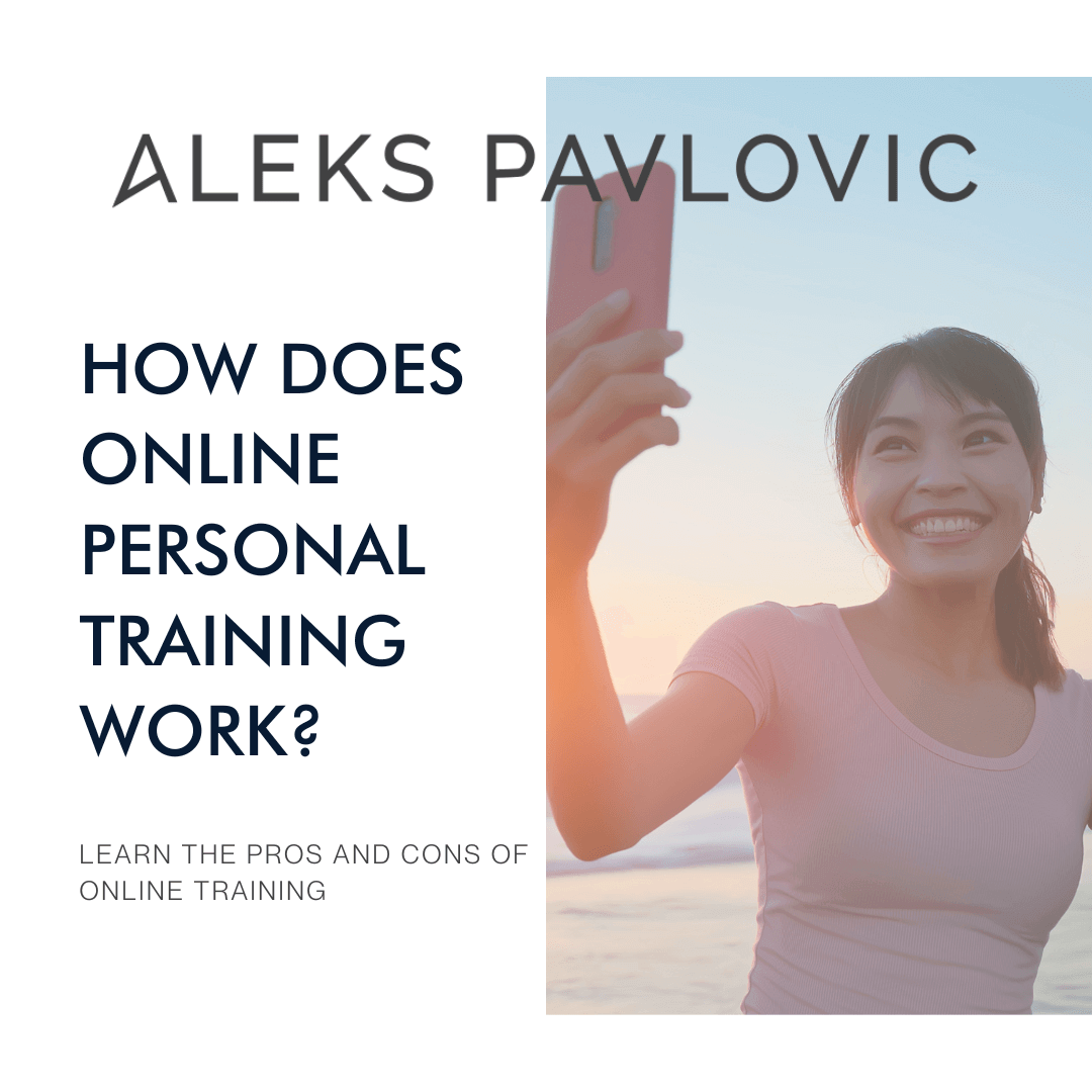Blog graphic of "how does online personal training work" with woman smiling at her phone.