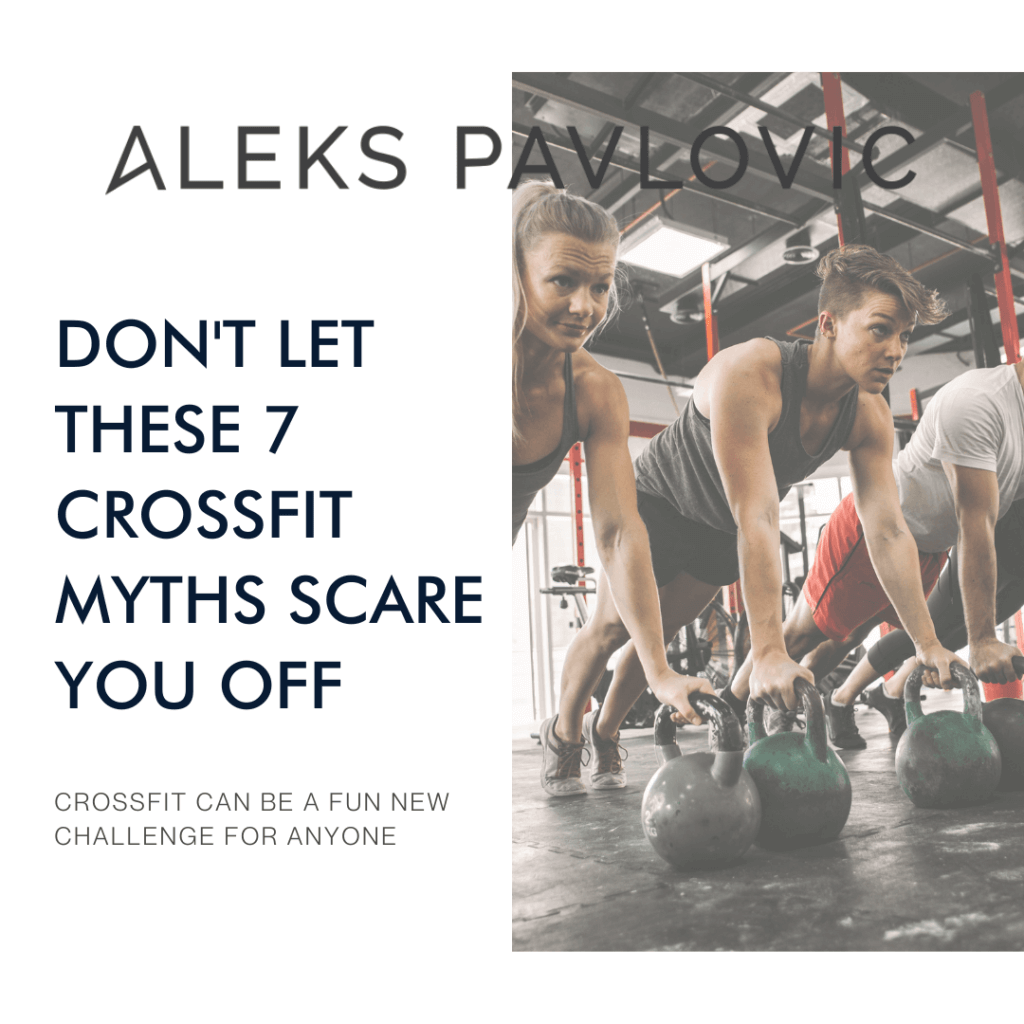 Image of three people holding a plank on kettlebell handles with the title Don't Let These 7 CrossFit Myths Scare You Off